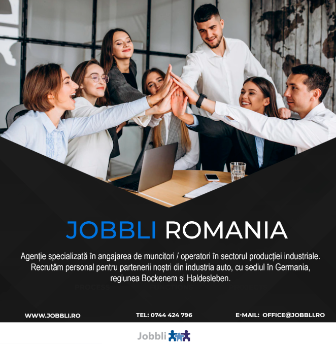 Jobbli Romania - agenție specializată în angajarea de muncitori / operatori în sectorul producției industriale. Recrutăm personal pentru partenerii noștri din industria auto, cu sediul în Germania, regiunea Haldensleben, Stuttgart, Hanau, Bockenem.