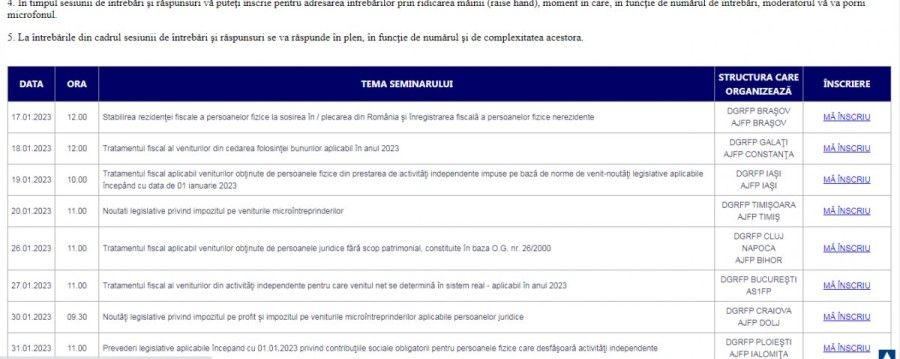 Lista seminariilor web pentru ianuarie publicată pe portalul ANAF