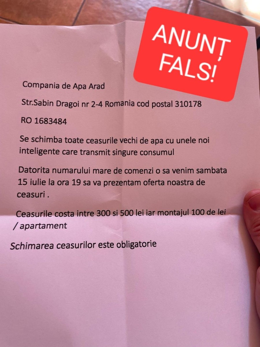 Atenție la escroci! Compania de Apă Arad avertizează: nu luați în seamă aceste anunțuri!