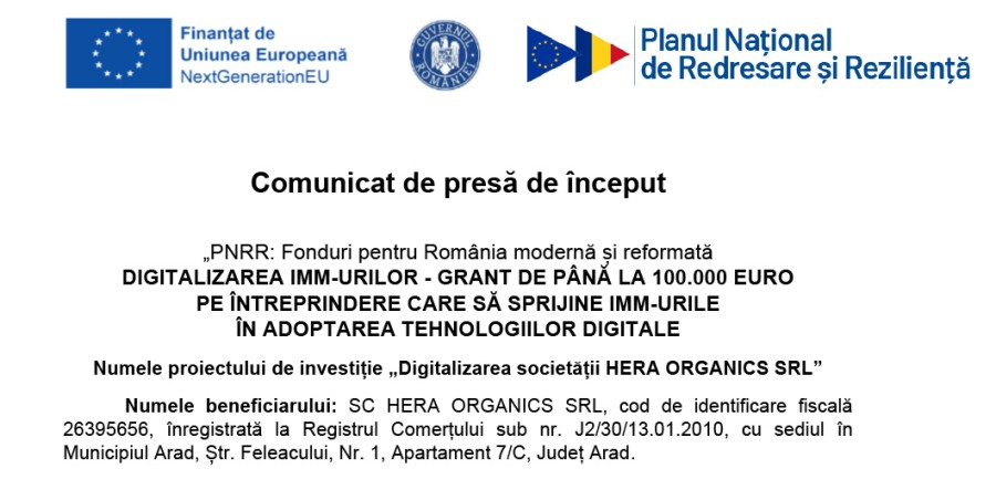 Digitalizarea societății HERA ORGANICS SRL