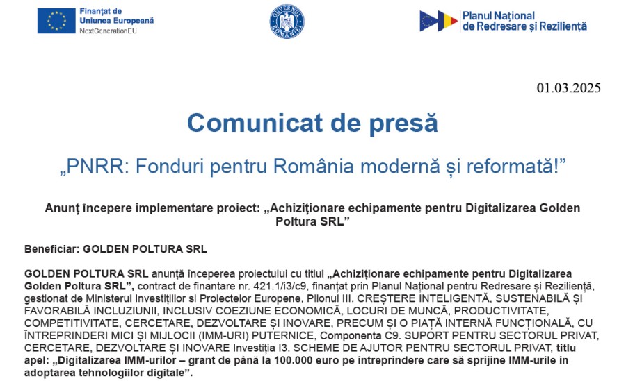 Achiziționare echipamente pentru Digitalizarea Golden Poltura SRL