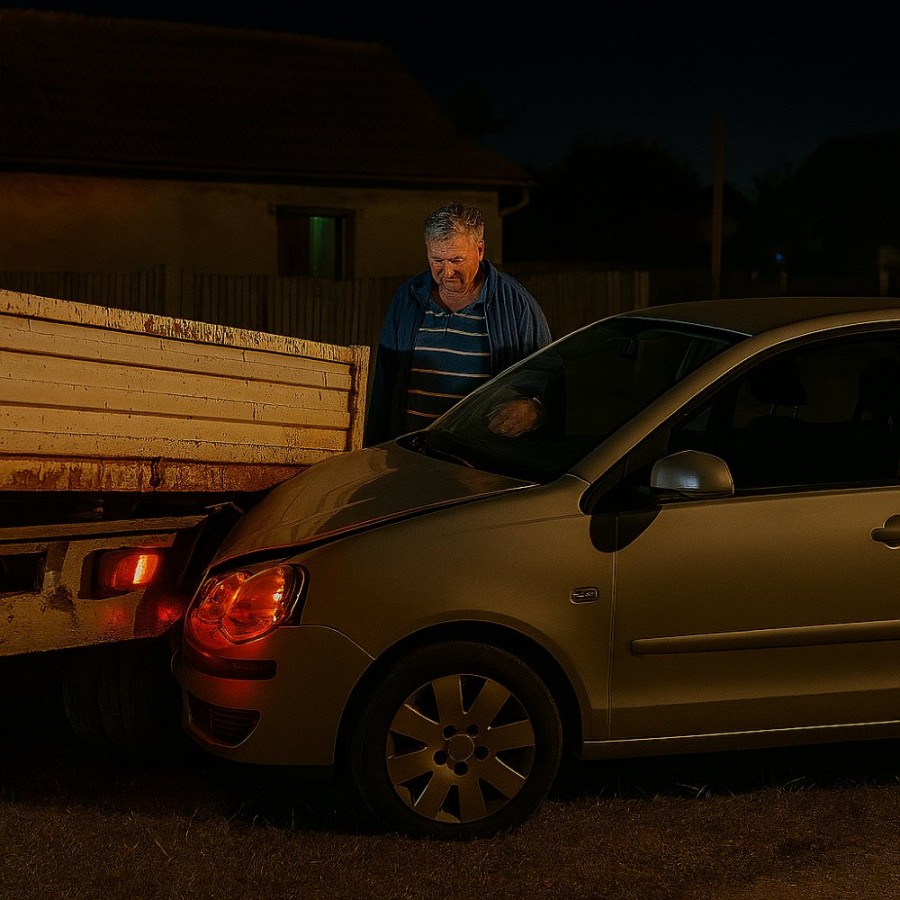 Circuit improvizat la Macea: șofer de autoutilitară băut și fără permis a intrat cu „bolidul” într-o mașină parcată