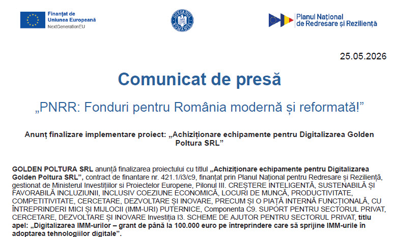 Comunicat de presă de final 'Achiziționare echipamente pentru Digitalizarea Golden Poltura SRL'