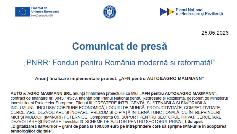 Comunicat de presă de final 'AFN pentru AUTO&AGRO MAGMANN'