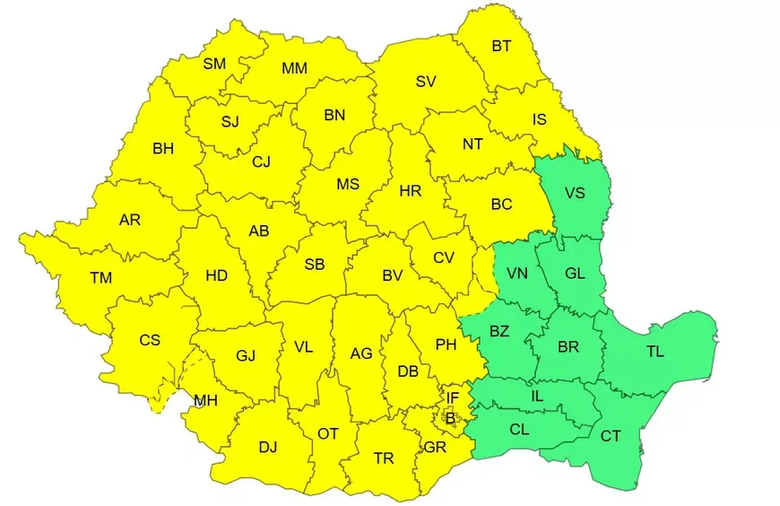 ANM anunță cod galben de furtuni în 34 de județe