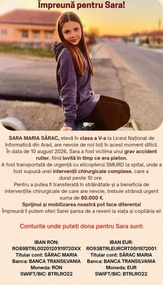Ajutați-o pe Sara!Apel umanitar – Serviciul de Ambulanță Arad