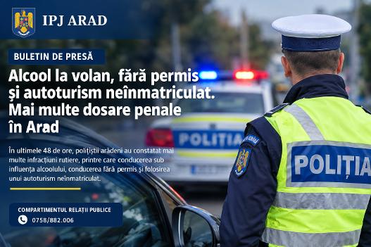 Alcool la volan, fără permis și autoturism neînmatriculat. Mai multe dosare penale în Arad